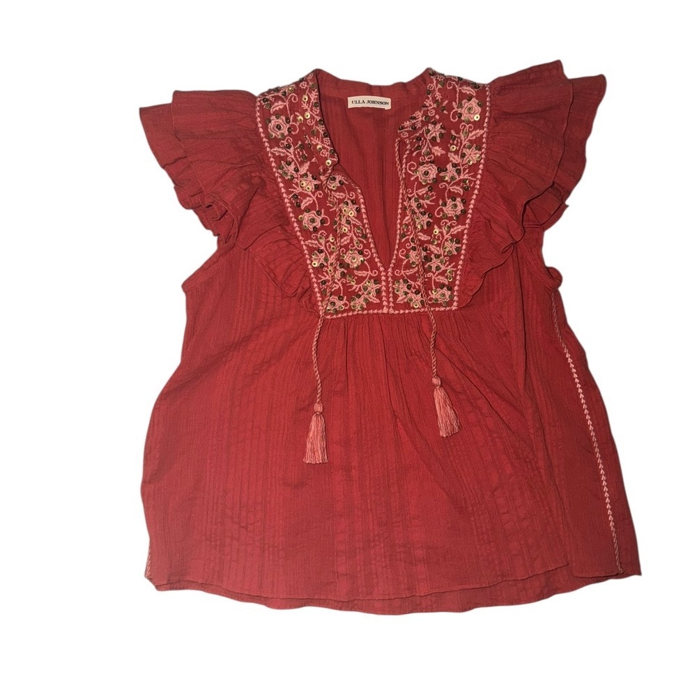 Ulla Johnson Embroidered Flutter Sleeve Top/Dress Sz 2 Gold Sequin Tassel boho